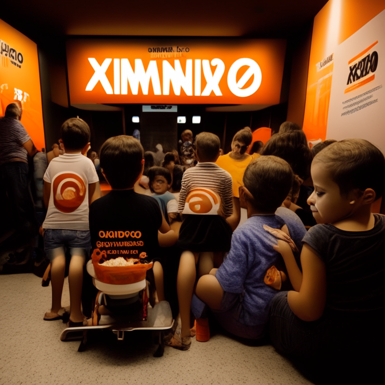  120 Kids Aged 4 - 8 Years Old And 10 Adults (contains one Deformed 6-Year-Old Child in a Wheelchair with His Mother , A 16 year old man and a 10 month old baby) With Your Popcorn And Soda  Queuing To Enter The Cinema Room 3  At Kinoplex Cinemas (With Orange Logo) In Rio De Janeiro In 2017
