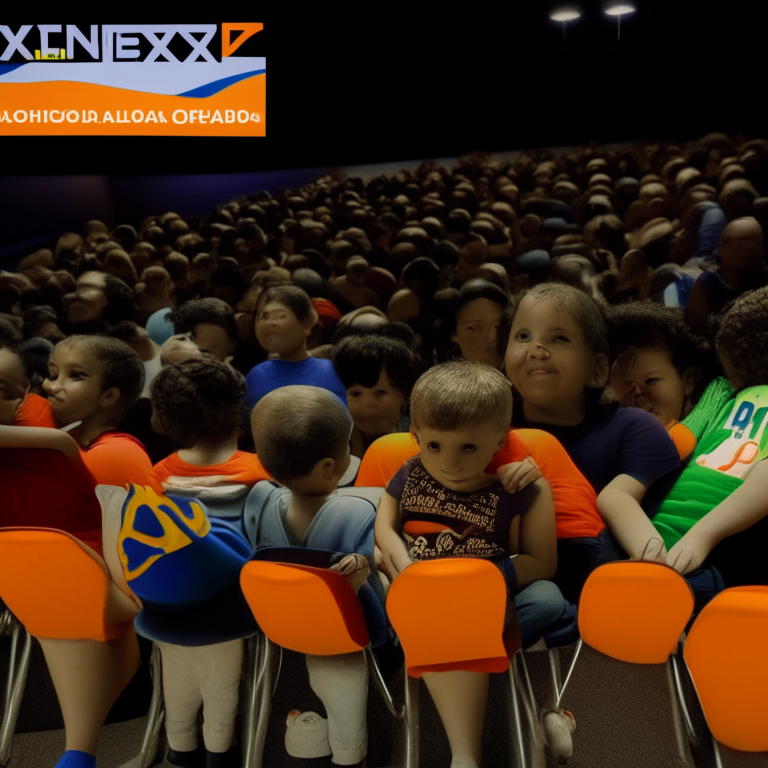  120 Kids Aged 4 - 8 Years Old And 10 Adults (contains one Deformed 6-Year-Old Child in a Wheelchair with His Mother , A 16 year old man and a 10 month old baby) With Your Popcorn And Soda  Queuing To Enter The Cinema Screen 3  At Kinoplex Cinemas (With Orange Logo) In Rio De Janeiro In 2017