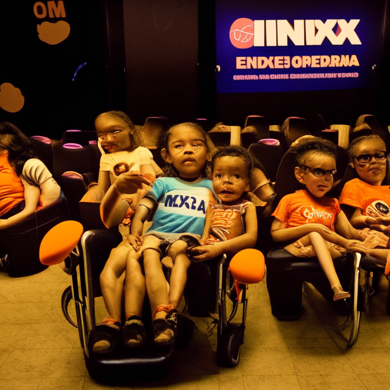  120 Kids Aged 4 - 8 Years Old And 10 Adults (contains one Deformed 6-Year-Old Child in a Wheelchair with His Mother , A 16 year old man and a 10 month old baby) With Your Popcorn And Soda At The Cinema Room  At Kinoplex Cinemas (With Orange Logo) In Rio De Janeiro In 2017