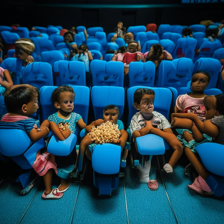  120 Kids Aged 4 - 8 Years Old And 10 Adults (contains one Deformed 6-Year-Old Child in a Wheelchair with His Mother , A 16 year old man and a 10 month old baby) With Your Popcorn And Soda In The Cinema Room At Kinoplex Cinemas (With Blue Chairs) In Rio De Janeiro In 2017
