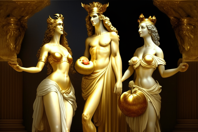 Three greek goddesses, ethereal, stand in front of trojan prince to give them a golden apple
