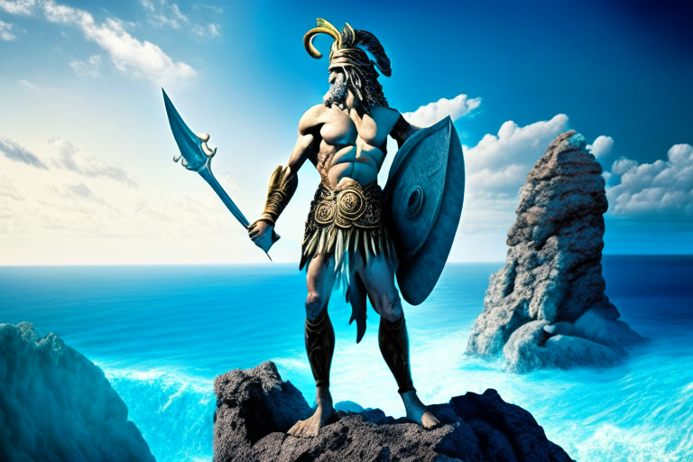 ancient greek warrior standingo on the reef over the aegean sea

