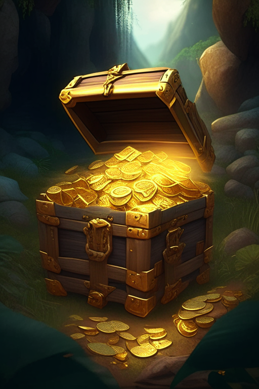 fortune full of dollars and gold chest in the wilderness