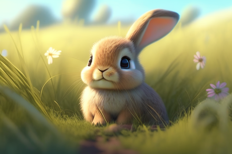 A cute baby  bunny in a meadow in pixar style