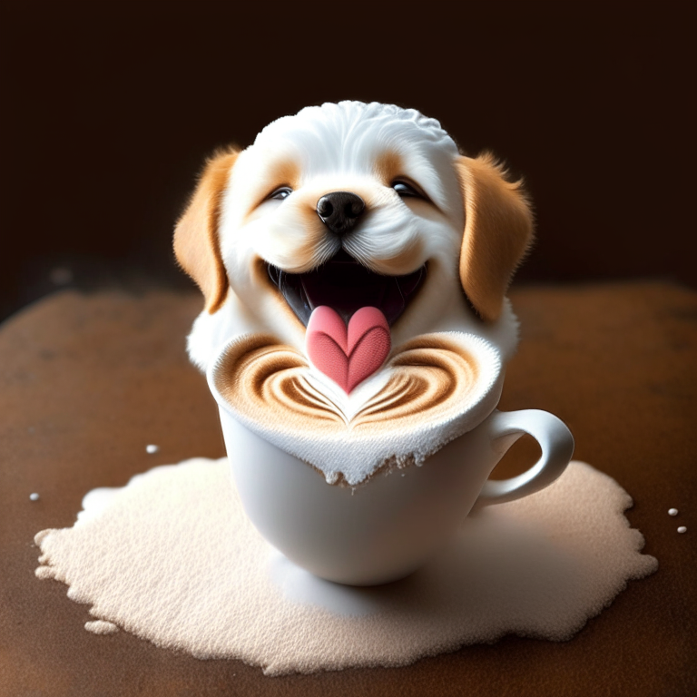 a happy puppy drinking a latte with heart-shaped foam art