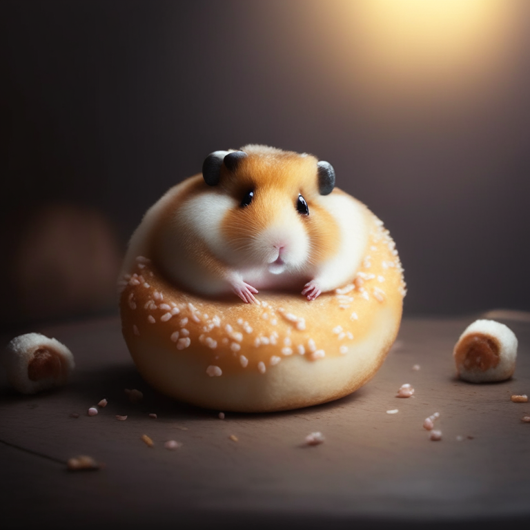 a photo of a hamster sitting on a donut in a studio with soft lighting