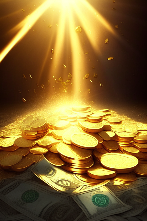 golden rays with gold coins and dollars in cash