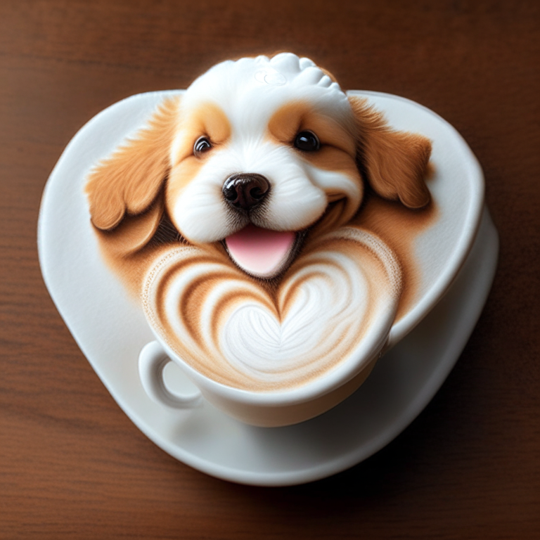 a happy puppy drinking a latte with heart-shaped foam art