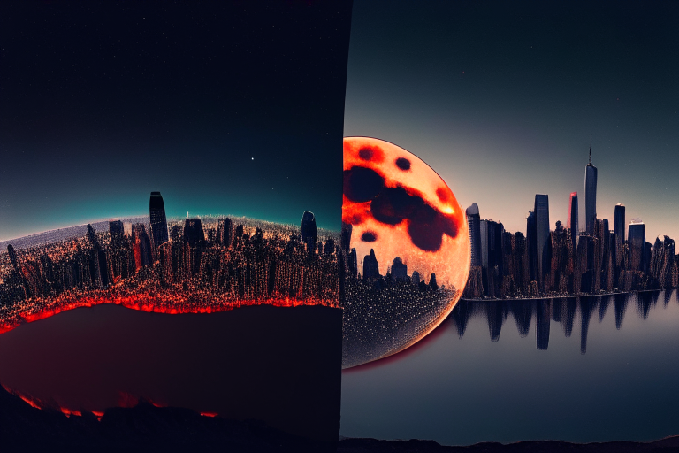 panorama of new york with lunar eclipse