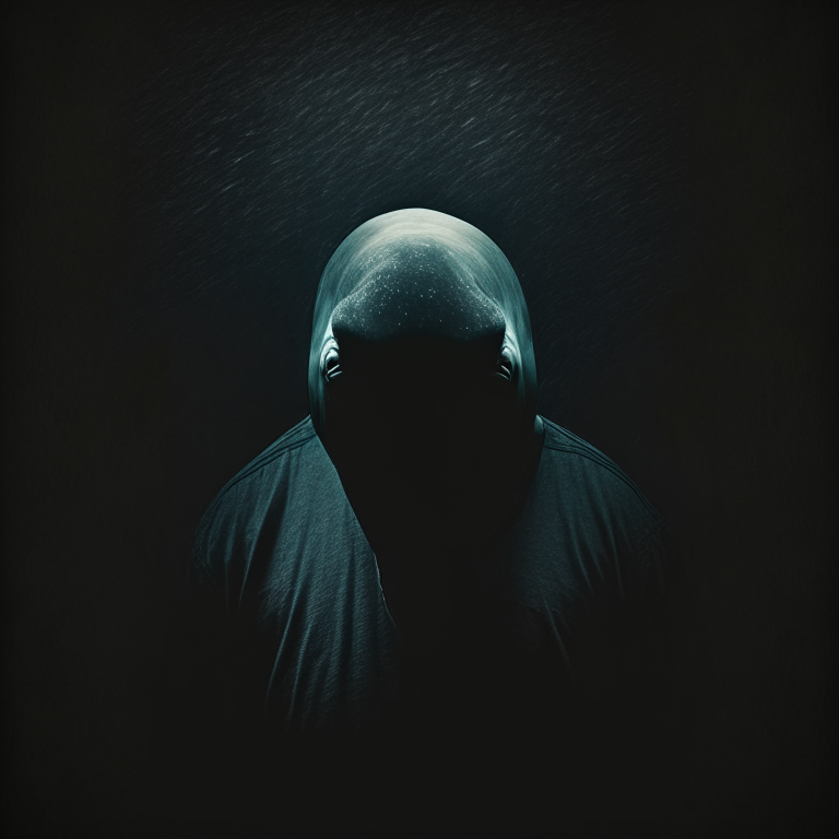 man with dolphin face standing in darkness