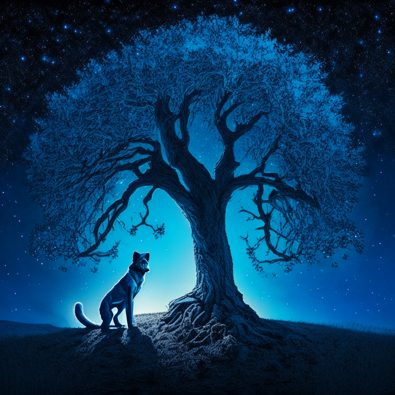 part-man, part-dog with blue fur, standing by an oak tree under the moon and stars