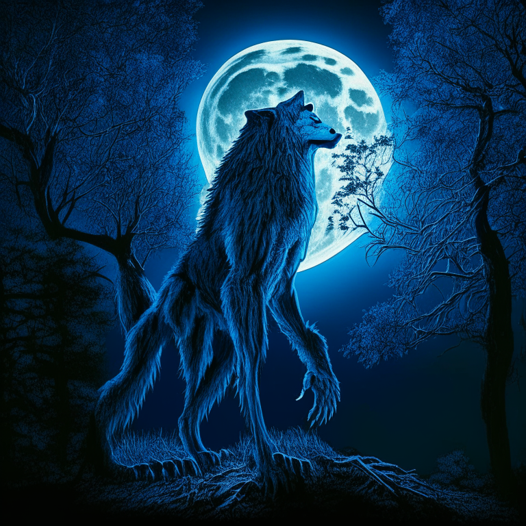 werewolf with blue fur standing by tree under moon