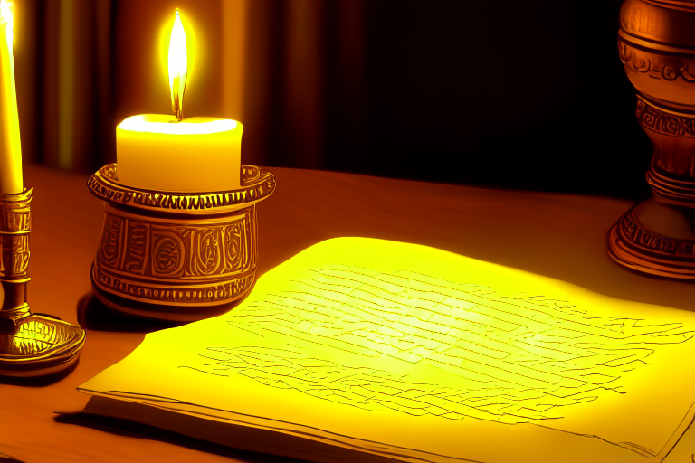 Pliny the younger writing on papyru at the light of a candle
