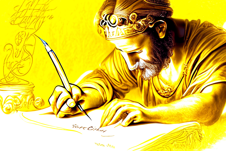 ancient roman guy writing latin on papyrus with evory stylus 
at the light of a candle
