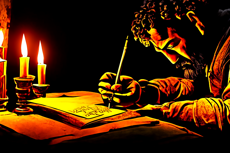 ancient roman guy writing latin over a roll of papyrus with evory stylus 
at the light of a candle. realistic style

