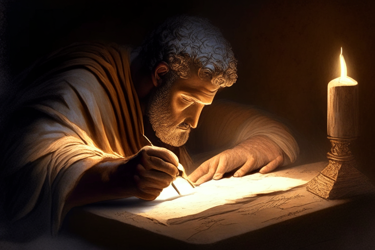 ancient roman guy writing latin over a roll of papyrus with evory stylus 
at the light of a candle. realistic style

