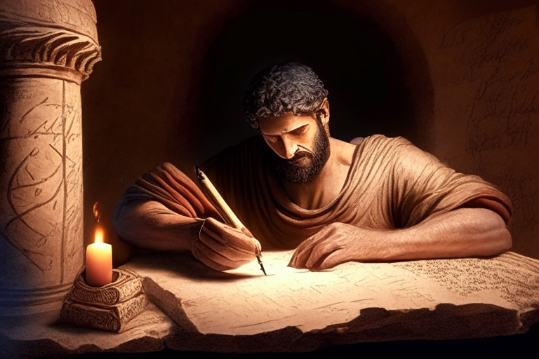 ancient roman  guy writing latin over a roll of papyrus with evory stylus 
at the light of a candle. on background a roman ancient house in the style of pompei.hand with 5 fingers, realistic style

