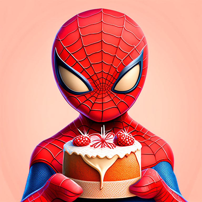 strybk, cute "spider man", "holding a birthday cake", octane, 3d rendering, 8k resolution, "red background" Lovely portrait. Perfect face, detailed face, delicate face, children's storybook style, kids story book style, muted colors, watercolor style