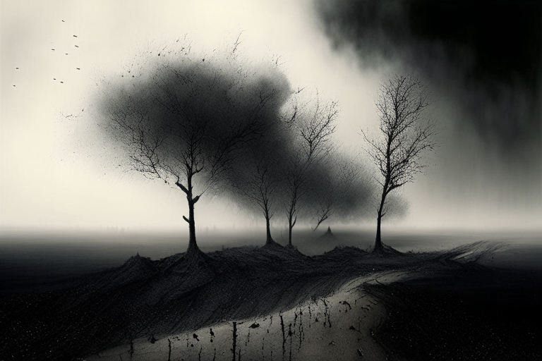 landscape, burtn trees, covered with grey mud, far away cloud of black ashes 