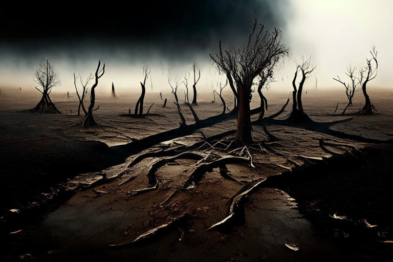 landscape, burnt trees without leaves and wooden pieces comun out of the muddy ground, on the whoe background far away cloud of black ashes and mud 