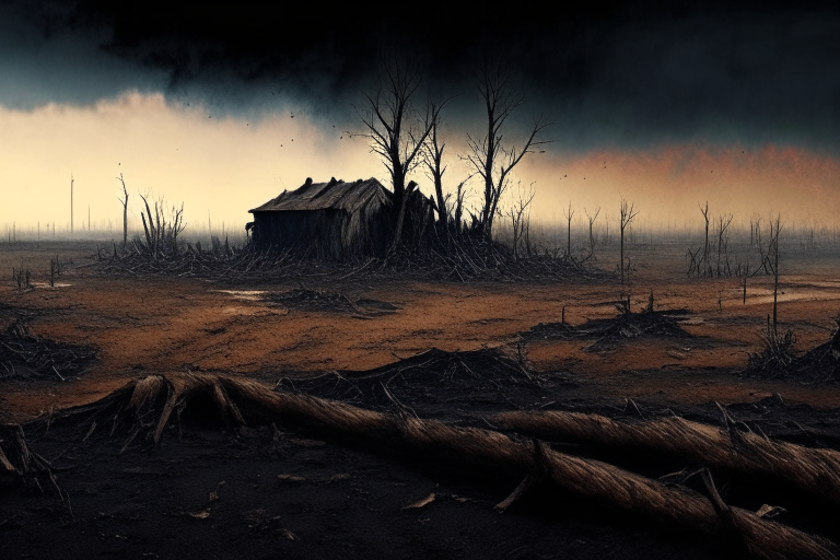 landscape, burnt trees without leaves and wooden pieces of huts come out of the muddy ground, on the whole background to the skyline far away cloud of black ashes and mud 