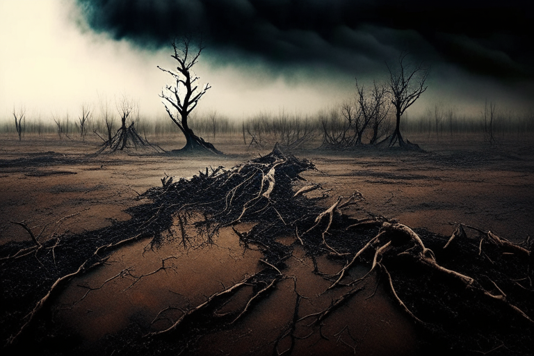 landscape, burnt trees without leaves and wooden pieces come out of the muddy ground, on the whole background to the skyline far away cloud of black ashes and mud  touch the ground