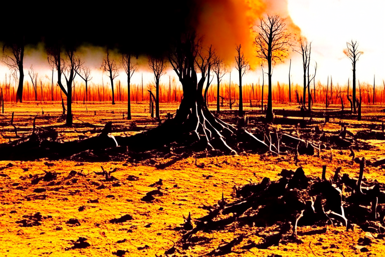 landscape, burnt trees without leaves and wooden pieces come out of the muddy ground, on the whole background far away cloud of black ashes and mud touch the ground