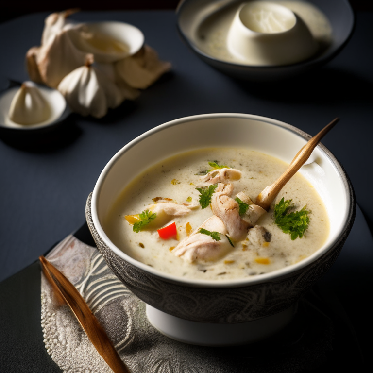 Tom Kha Gai, Thai chicken coconut soup in a decorative Thai bowl with Thai spoon, on a Thai style placemat, bright studio lighting, extremely sharp focus