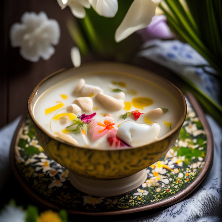 Tom Kha Gai, Thai chicken coconut soup in a handmade Thai bowl with flowers, Thai chopsticks, on a Thai style placemat, natural lighting from a window, extremely sharp focus