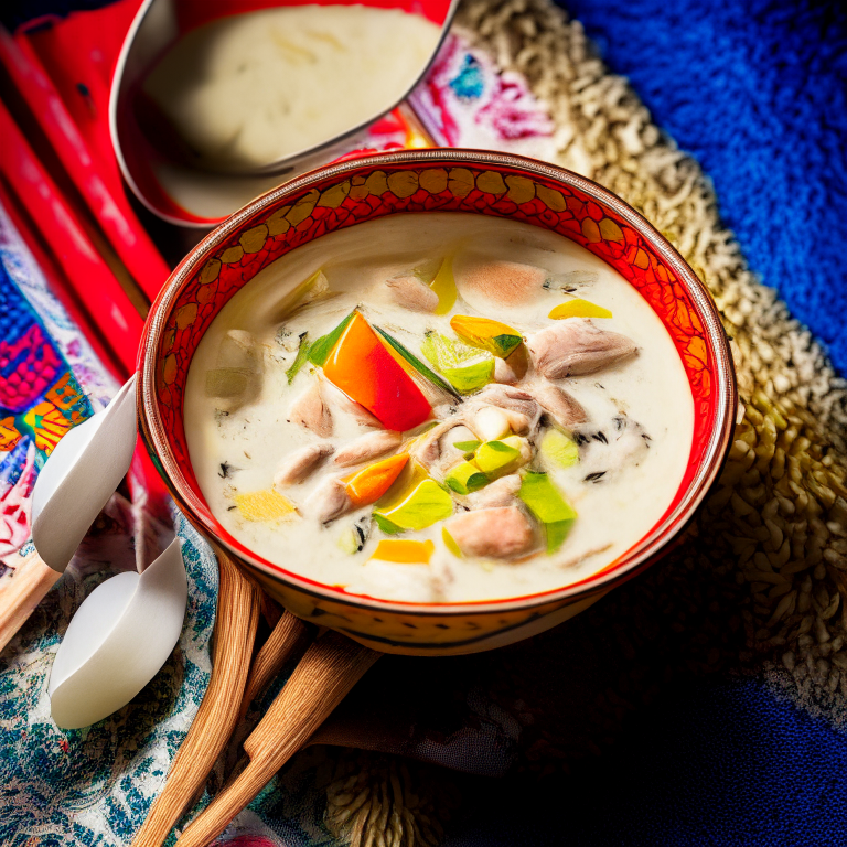 Tom Kha Gai, Thai chicken coconut soup in a colorful Thai bowl with Thai spoon, on a Thai style placemat with Thai textile, bright studio lighting, extremely sharp focus