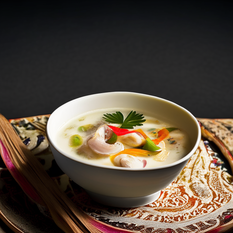 Tom Kha Talay, Thai seafood coconut soup in a decorative Thai bowl with Thai spoon, on a Thai style placemat, bright studio lighting, extremely sharp focus