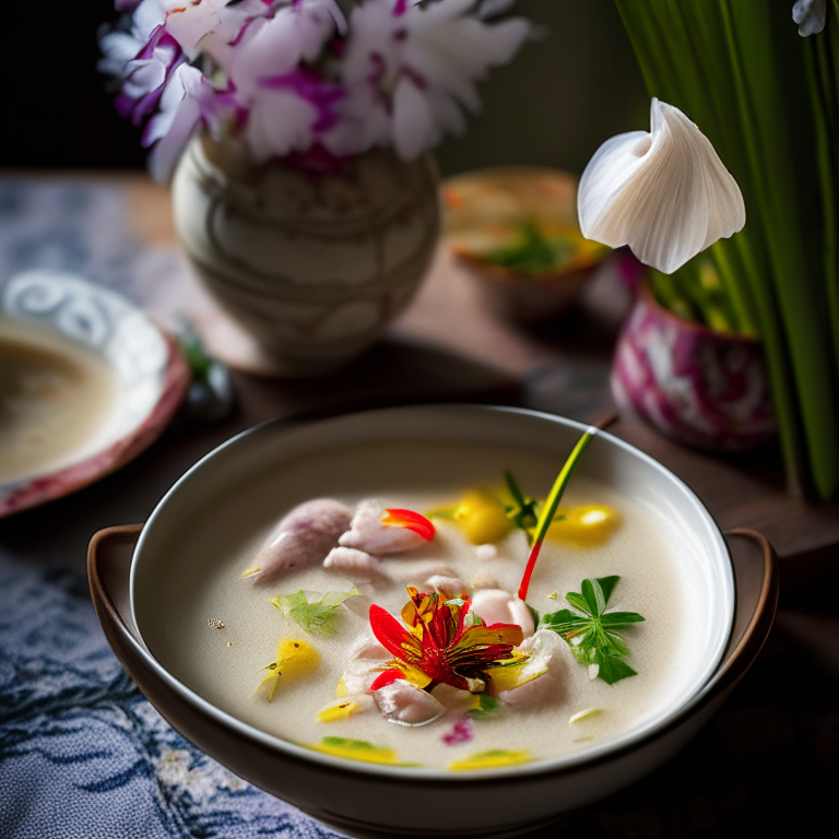 Tom Kha Talay, Thai seafood coconut soup in a handmade Thai bowl with flowers, Thai chopsticks, on a Thai style placemat, natural lighting from a window, extremely sharp focus