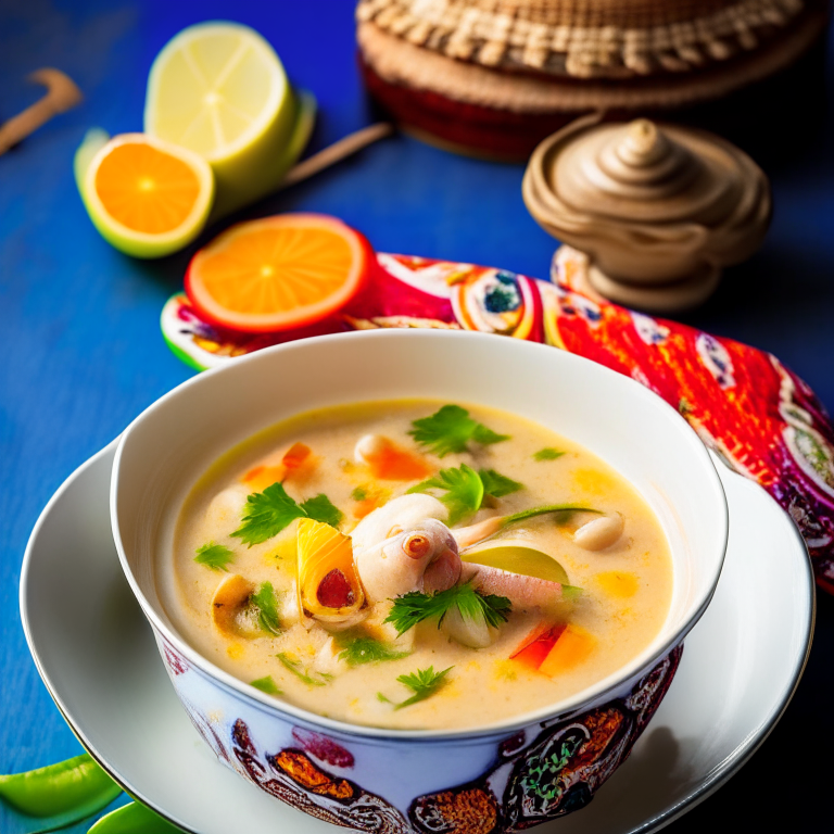 Tom Kha Talay, Thai seafood coconut soup in a colorful Thai bowl with Thai spoon, on a Thai style placemat with Thai textile, bright studio lighting, extremely sharp focus