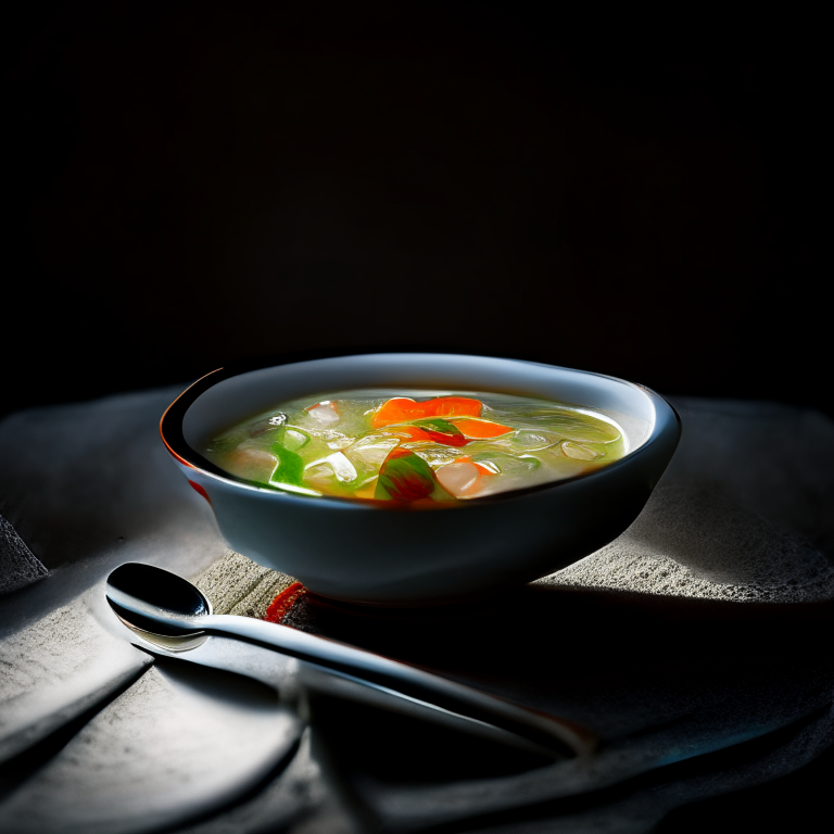 Tom Jeud, Thai clear soup in a decorative Thai bowl with Thai spoon, on a Thai style placemat, bright studio lighting, extremely sharp focus