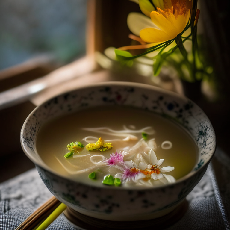 Tom Jeud, Thai clear soup in a handmade Thai bowl with flowers, Thai chopsticks, on a Thai style placemat, natural lighting from a window, extremely sharp focus