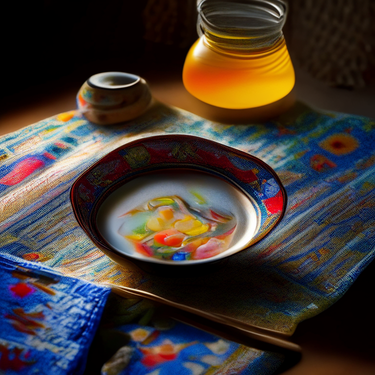 Tom Jeud, Thai clear soup in a colorful Thai bowl with Thai spoon, on a Thai style placemat with Thai textile, bright studio lighting, extremely sharp focus