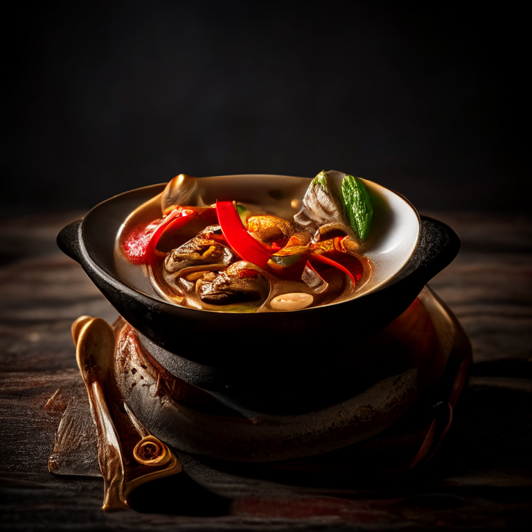 Tom Yum Hed, Thai spicy mushroom soup in a decorative Thai bowl with Thai spoon, on a Thai style placemat, bright studio lighting, extremely sharp focus