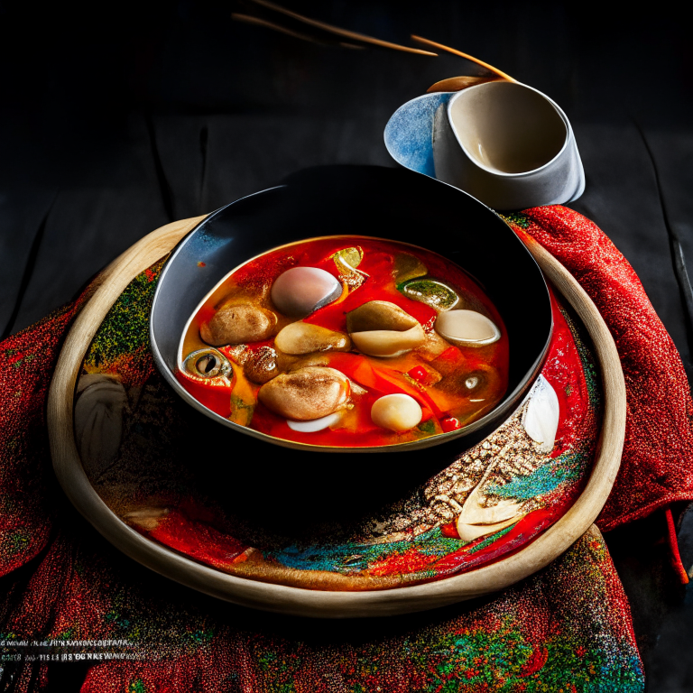 Tom Yum Hed, Thai spicy mushroom soup in a colorful Thai bowl with Thai spoon, on a Thai style placemat with Thai textile, bright studio lighting, extremely sharp focus