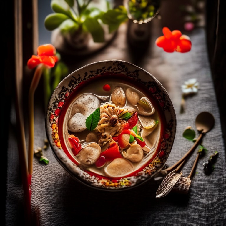 Tom Yum Hed, Thai spicy mushroom soup in a handmade Thai bowl with flowers, Thai chopsticks, on a Thai style placemat, natural lighting from a window, extremely sharp focus