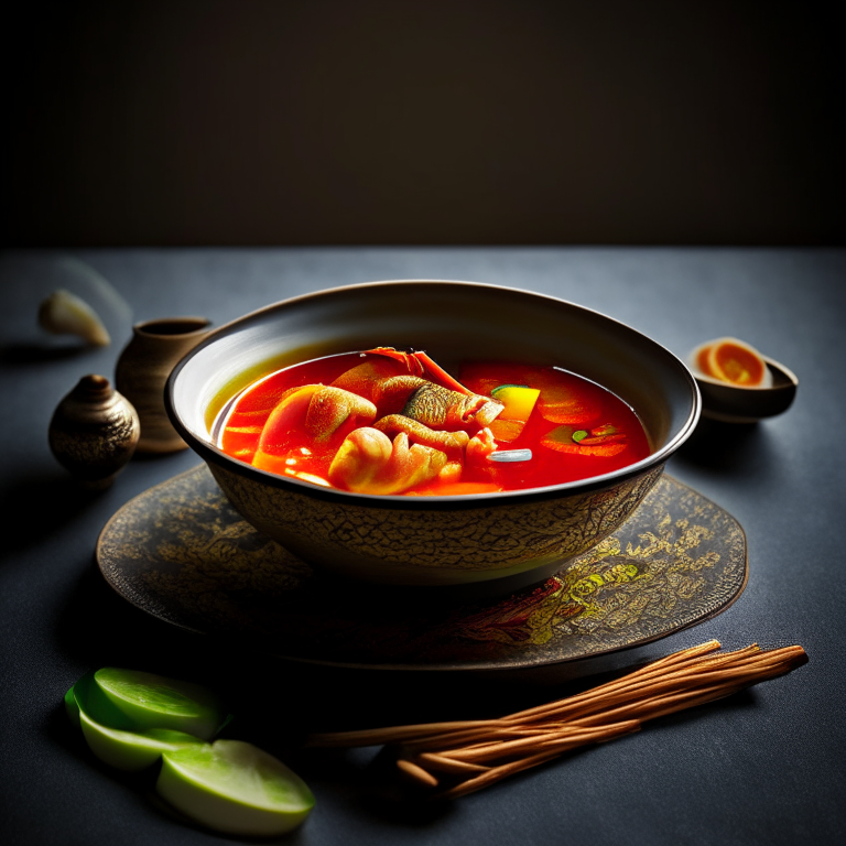 Tom Klong Pla Krai, Thai spicy and sour fish tail soup in a decorative Thai bowl with Thai spoon, on a Thai style placemat, bright studio lighting, extremely sharp focus