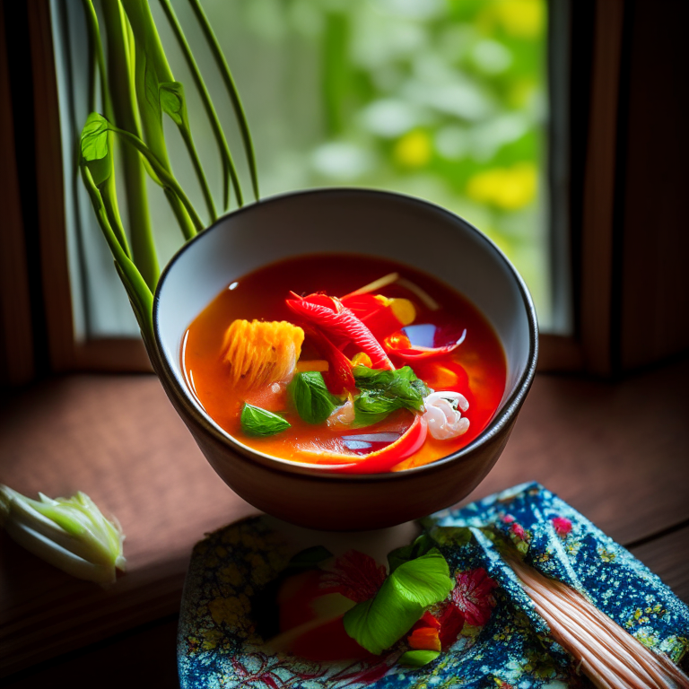 Tom Klong Pla Krai, Thai spicy and sour fish tail soup in a handmade Thai bowl with flowers, Thai chopsticks, on a Thai style placemat, natural lighting from a window, extremely sharp focus