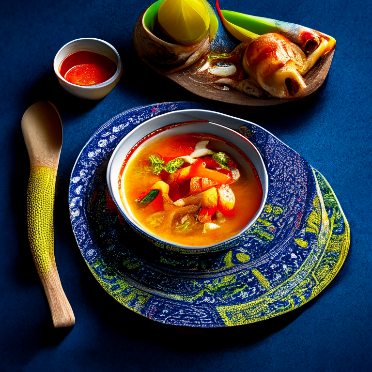 Tom Klong Pla Krai, Thai spicy and sour fish tail soup in a colorful Thai bowl with Thai spoon, on a Thai style placemat with Thai textile, bright studio lighting, extremely sharp focus