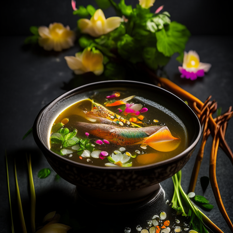 Tom Klong Pla Krai, Thai fish tail soup, presented in a Thai restaurant with bright studio lighting, decorated with Thai flowers and spices, razor sharp focus