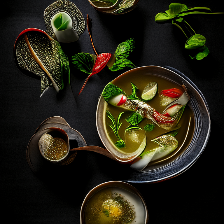 Tom Klong Pla Krai, Thai fish tail soup, garnished with Thai basil, served on a Thai tray with Thai utensils, decorated with Thai textiles, bright studio lighting, razor sharp focus