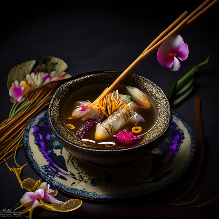 Tom Klong Pla Krai, Thai fish tail soup, served in an ornate Thai bowl with Thai spoon and chopsticks, decorated with Thai orchids, bright studio lighting, razor sharp focus