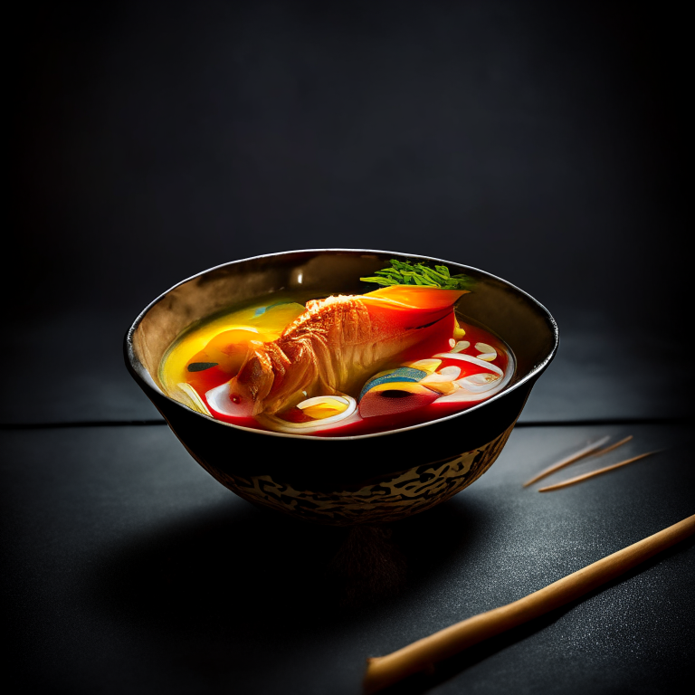 Tom Klong Pla Krai, Thai fish tail soup, served in a handcrafted Thai bowl with chopsticks, garnished with Thai chilies, bright studio lighting, razor sharp focus