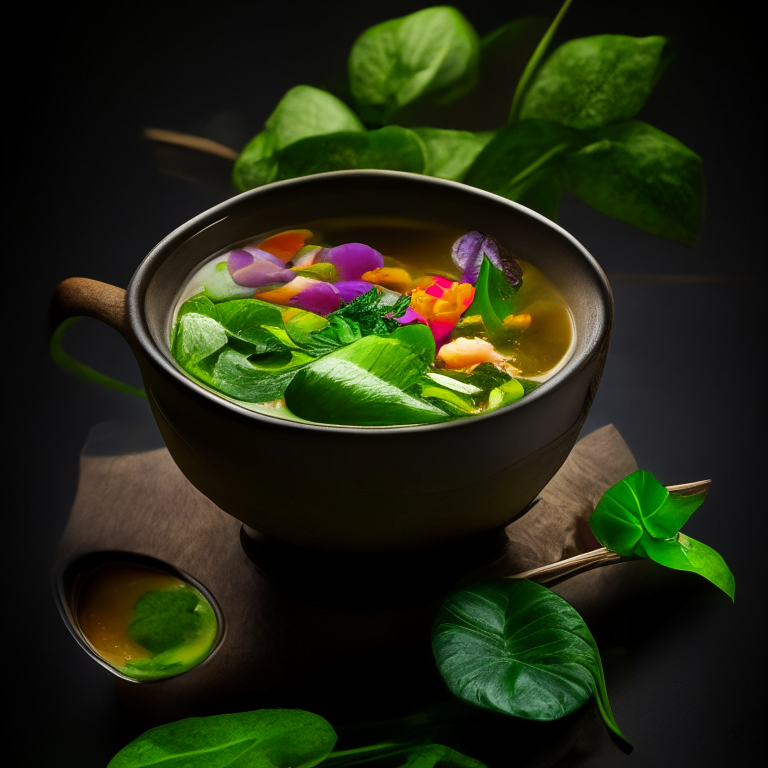 Tom Klong Pla Krai, Thai fish tail soup, garnished with Thai basil, served in a Thai bowl with Thai flowers, bright studio lighting, razor sharp focus