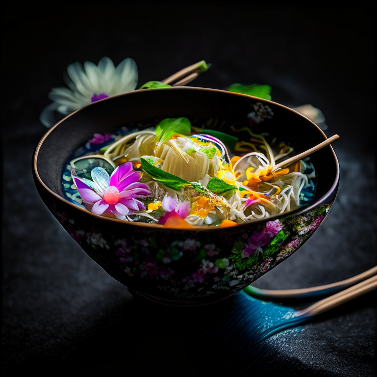 Gang Jued Wun Sen, Thai glass noodle soup, served in a handcrafted Thai bowl with Thai spoon, decorated with Thai flowers, bright studio lighting, razor sharp focus
