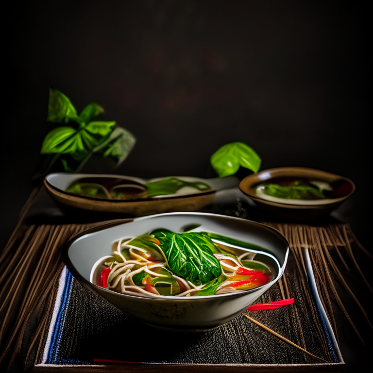 Gang Jued Wun Sen, Thai glass noodle soup, garnished with Thai basil, served on a Thai tray with Thai chopsticks, decorated with Thai textiles, bright studio lighting, razor sharp focus