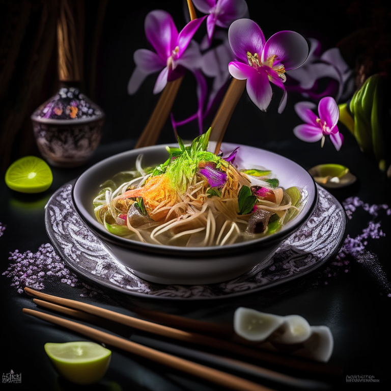 Gang Jued Wun Sen, Thai glass noodle soup, presented in a Thai restaurant with Thai utensils, decorated with Thai orchids, bright studio lighting, razor sharp focus